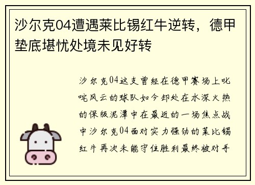 沙尔克04遭遇莱比锡红牛逆转，德甲垫底堪忧处境未见好转